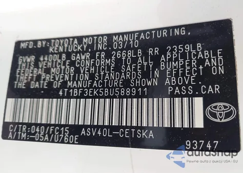 2011 Toyota Camry Se/Le/Xle из США, поврежденный, VIN 4T1BF3EK5BU588911